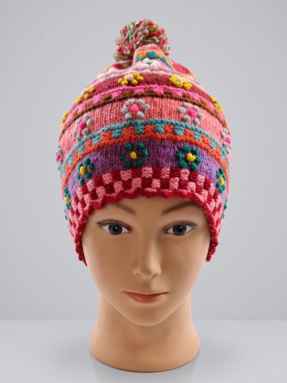 Handcrafted Andean Sheep's Wool Chullo with Multicolored Flowers
